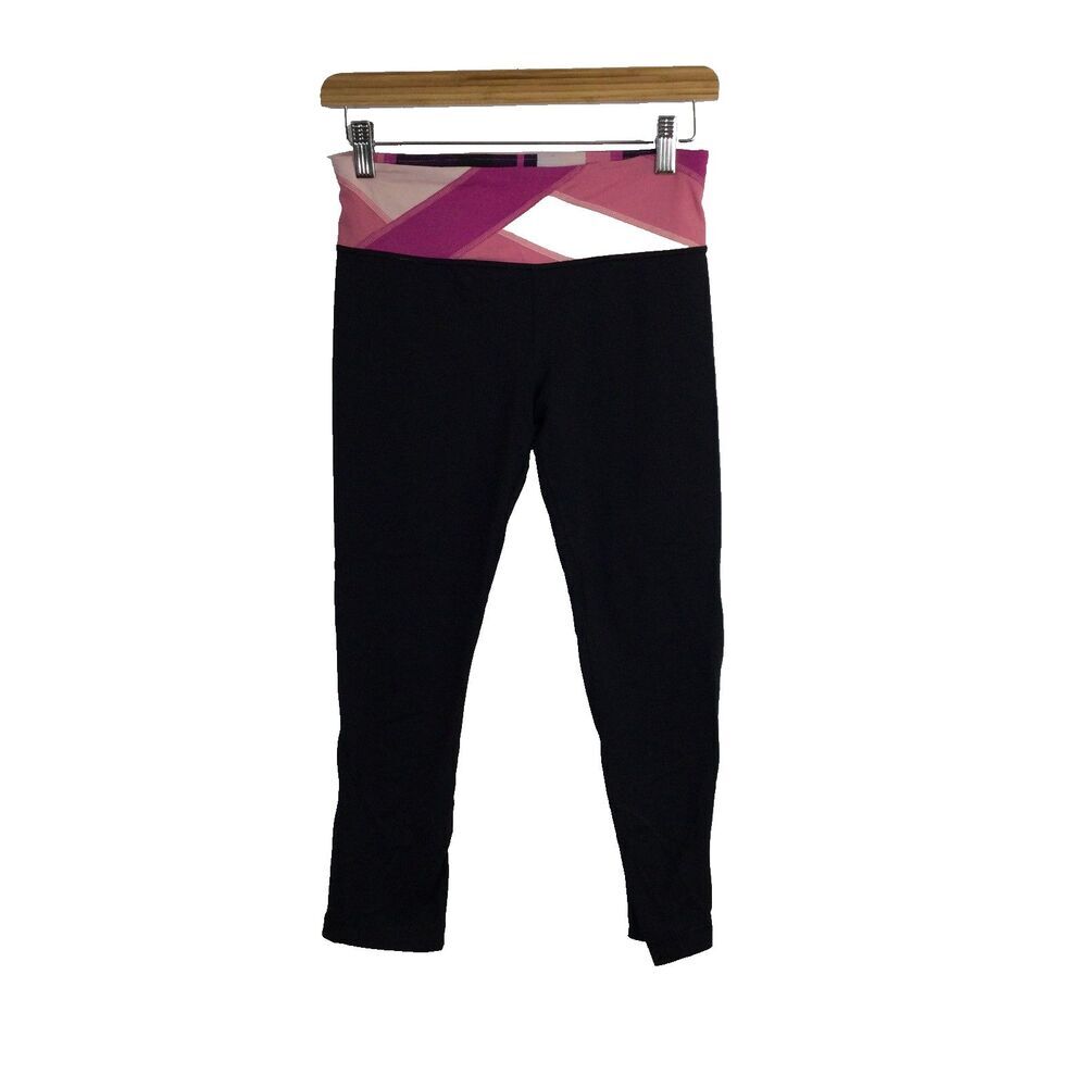 Lululemon Womens Cropped Leggings High Waist Stretch Black Pink Size 4